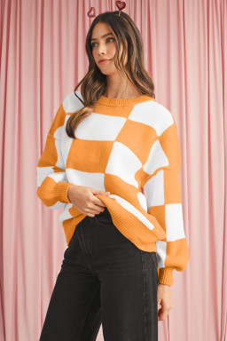 Orange & White Plaid Exposed Seam Bishop Sleeve Sweater
