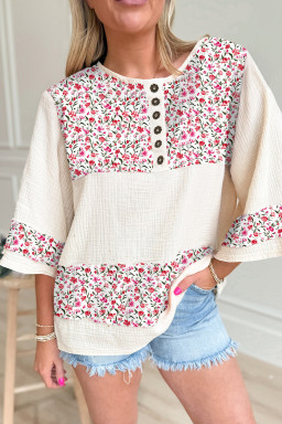 Red Floral Print Crinkle Patchwork Henley Blouse