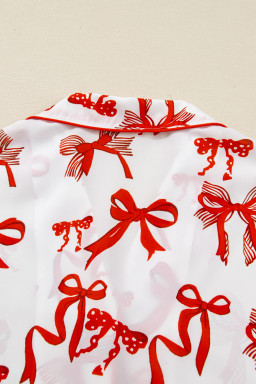 Red Christmas Bow Print Long Sleeve 2pcs Pajama Set