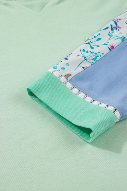 Green Color Block Floral Patchwork Long Sleeve Notched Neck Plus Size Top