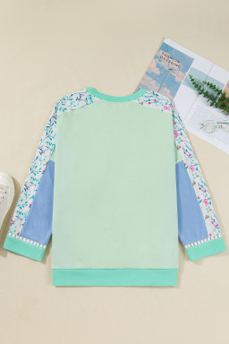 Green Color Block Floral Patchwork Long Sleeve Notched Neck Plus Size Top