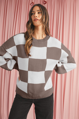 Dark Brown Plaid Bishop Sleeve Pullover Sweater
