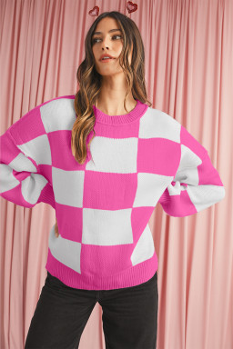 Rose Checkered Bishop Sleeve Pullover Sweater