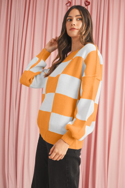 Orange & White Plaid Exposed Seam Bishop Sleeve Sweater