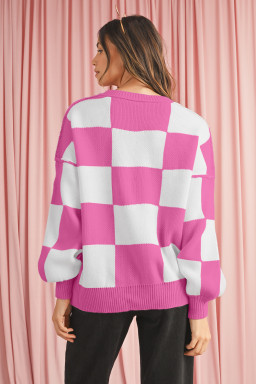 Rose Checkered Bishop Sleeve Pullover Sweater