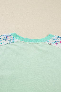 Green Color Block Floral Patchwork Long Sleeve Notched Neck Plus Size Top