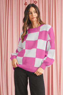 Rose Checkered Bishop Sleeve Pullover Sweater