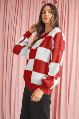 Fiery Red Plaid Bishop Sleeve Pullover Sweater