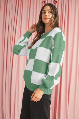Green Checkered Bishop Sleeve Pullover Sweater
