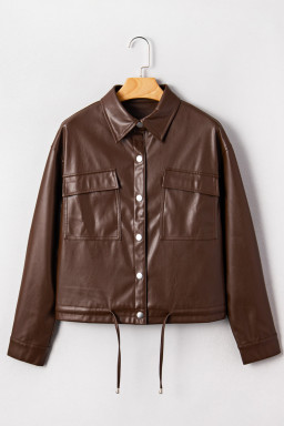 Chicory Coffee Flap Pocket Drawstring Hem Leather Jacket