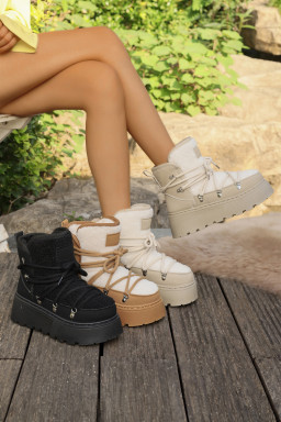 White Sherpa PU Leather Patchwork Lace-up Thick Bottom Snow Boots