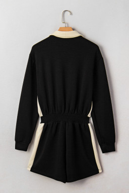 Black Two-Tone Zipper Long Sleeve Casual Romper