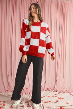 Fiery Red Plaid Bishop Sleeve Pullover Sweater