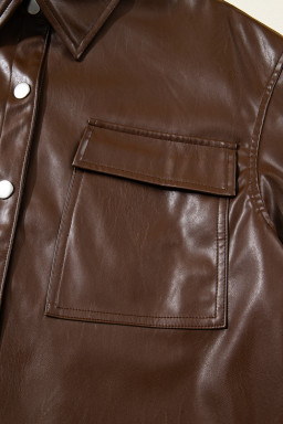 Chicory Coffee Flap Pocket Drawstring Hem Leather Jacket