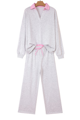 Light Grey Stripe Patchwork Loose Long Sleeve Top Drawstring Waist Pants Set