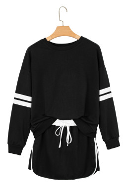 Black Varsity Stripe Detail Drop Shoulder Pullover Mini Skort Set