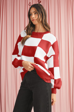 Fiery Red Plaid Bishop Sleeve Pullover Sweater