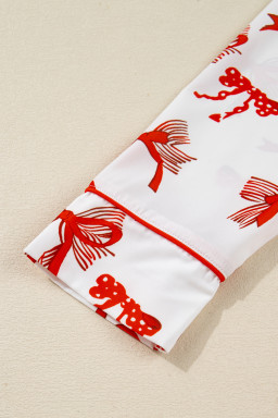 Red Christmas Bow Print Long Sleeve 2pcs Pajama Set