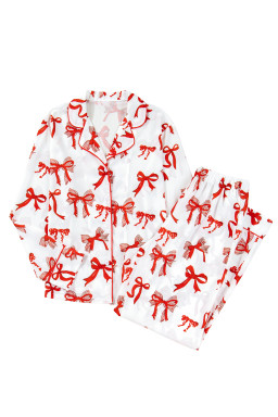 Red Christmas Bow Print Long Sleeve 2pcs Pajama Set