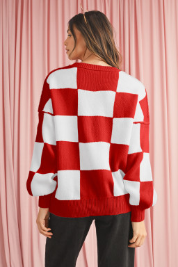 Fiery Red Plaid Bishop Sleeve Pullover Sweater