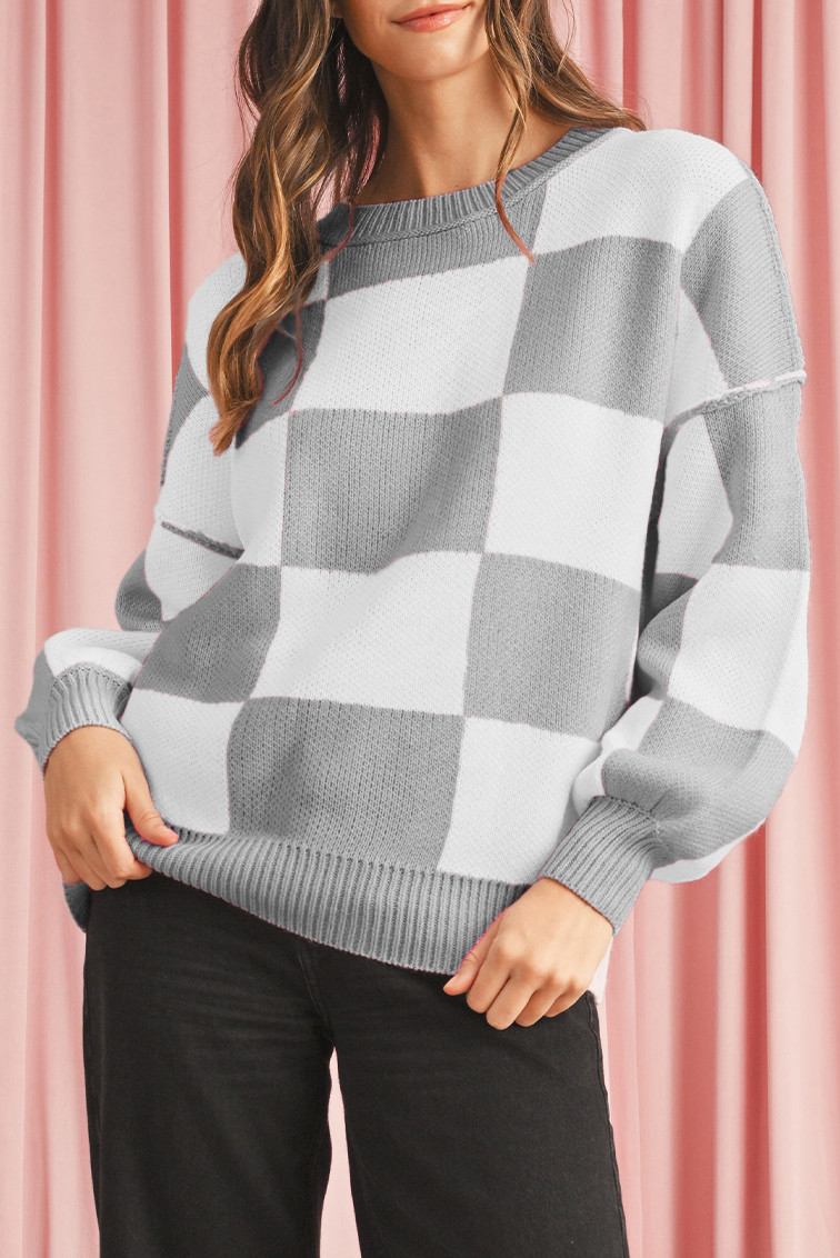 Gray Checkered Bishop Sleeve Pullover Sweater
