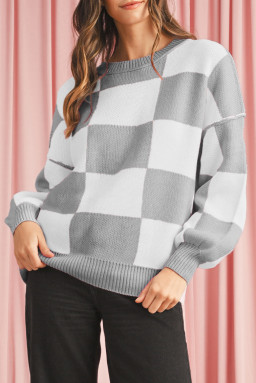 Gray Checkered Bishop Sleeve Pullover Sweater