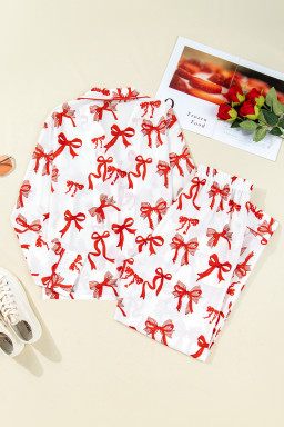 Red Christmas Bow Print Long Sleeve 2pcs Pajama Set