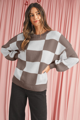 Dark Brown Plaid Bishop Sleeve Pullover Sweater