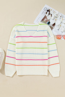 White Striped V Neck Drop Sleeve Sweater