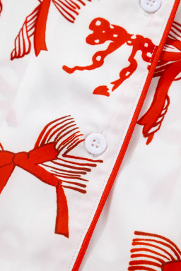 Red Christmas Bow Print Long Sleeve 2pcs Pajama Set
