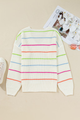 White Striped V Neck Drop Sleeve Sweater