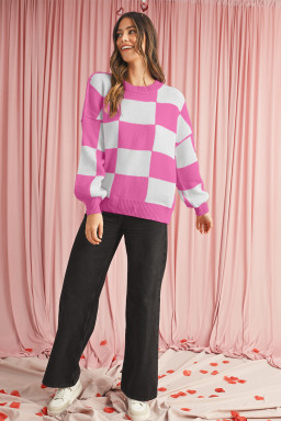 Rose Checkered Bishop Sleeve Pullover Sweater