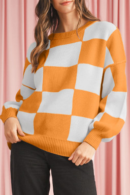 Orange & White Plaid Exposed Seam Bishop Sleeve Sweater