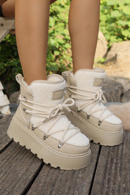 White Sherpa PU Leather Patchwork Lace-up Thick Bottom Snow Boots