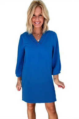 Sky Blue Frill V Neck Bracelet Sleeve Plain Mini Dress