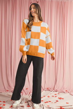 Orange & White Plaid Exposed Seam Bishop Sleeve Sweater