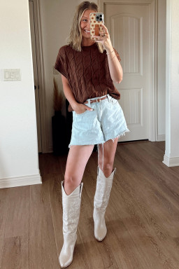 Dark Brown Cable Texture Crew Neck Short Sleeve Sweater Top
