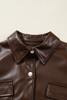 Chicory Coffee Flap Pocket Drawstring Hem Leather Jacket
