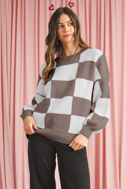 Dark Brown Plaid Bishop Sleeve Pullover Sweater