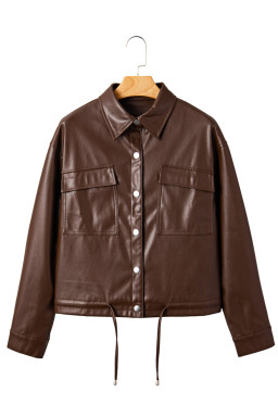 Chicory Coffee Flap Pocket Drawstring Hem Leather Jacket