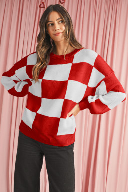 Fiery Red Plaid Bishop Sleeve Pullover Sweater