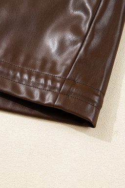Chicory Coffee Flap Pocket Drawstring Hem Leather Jacket