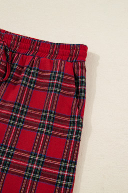 Red Plaid Contrast Color Christmas Holiday Long Sleeve Shirt and Shorts Pajama Set