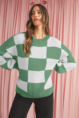 Green Checkered Bishop Sleeve Pullover Sweater