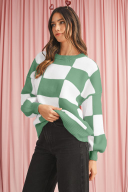 Green Checkered Bishop Sleeve Pullover Sweater