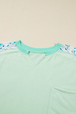 Green Color Block Floral Patchwork Long Sleeve Notched Neck Plus Size Top