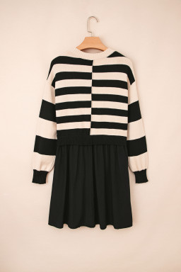 Black Stripe Two in One Knitted Top High Waist Splicing Hem Sweater Dress