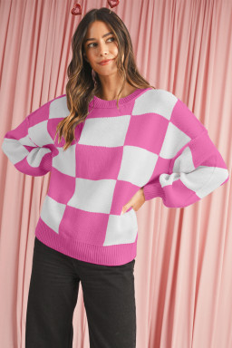 Rose Checkered Bishop Sleeve Pullover Sweater