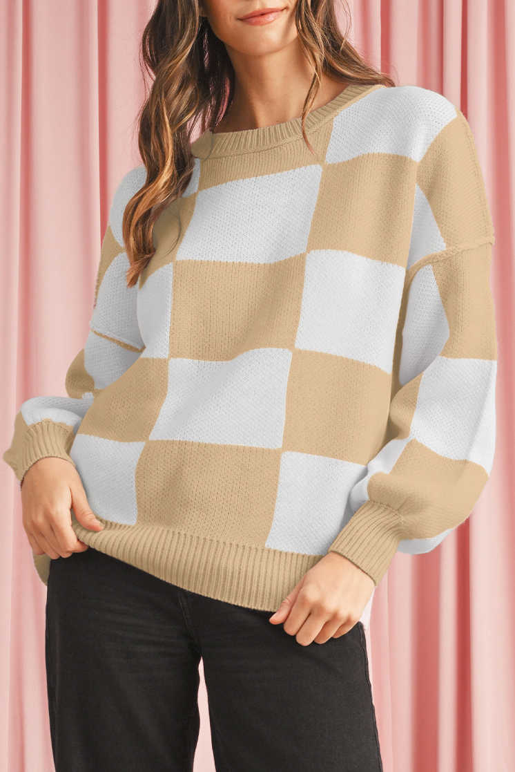 Khaki Plaid Bishop Sleeve Pullover Sweater