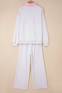 Light Grey Stripe Patchwork Loose Long Sleeve Top Drawstring Waist Pants Set